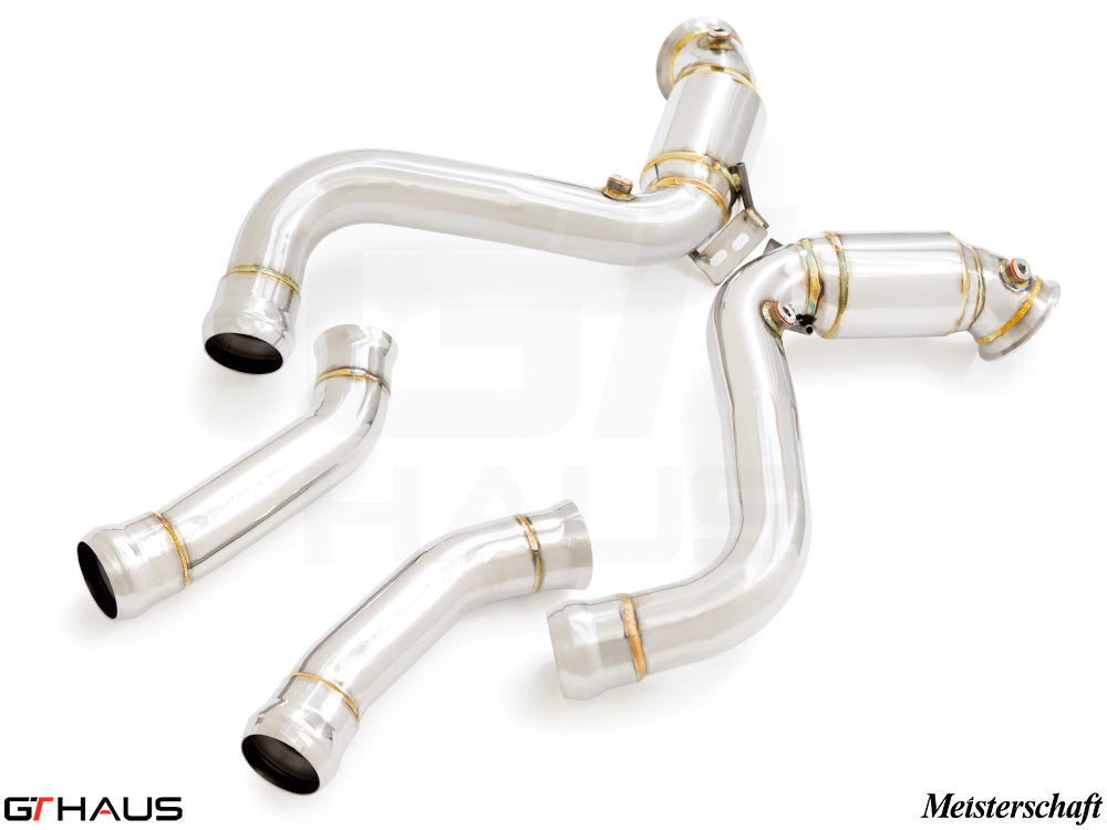 Mercedes-Benz C205 C-Coupe 2015-2018 primary and secondary combo down pipes with OBD2 and 400 CEL sport cats, featuring polished stainless steel construction.