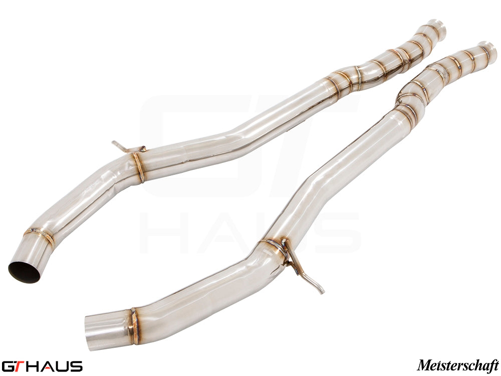 Mercedes-Benz C217 S-Class Coupe 2015+ full cat-back SR pipe with resonator delete, featuring polished stainless steel construction.