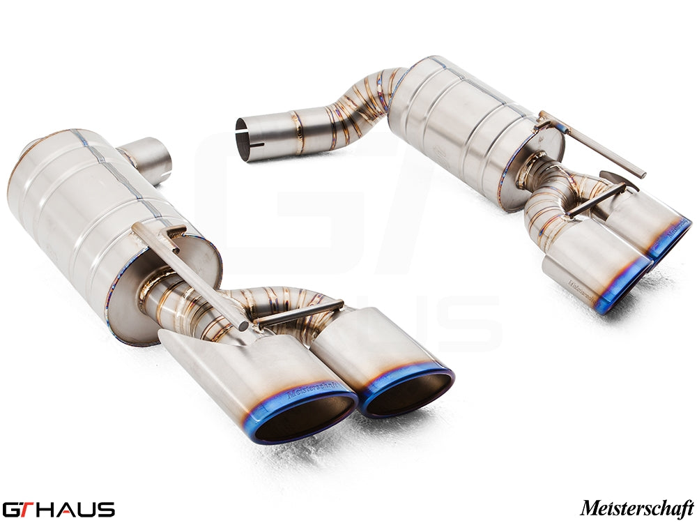 Premium stainless steel exhaust system for Mercedes-Benz R230 SL600 V12 Bi-turbo, featuring dual tips and performance design.