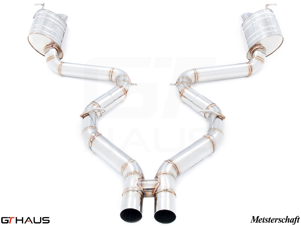 Premium stainless steel exhaust system for Mercedes-Benz R231 SL65 AMG, featuring dual tips and a sleek design.