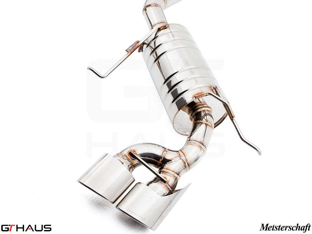 Premium Meisterschaft exhaust system for Mercedes-Benz W164 ML63 AMG, featuring polished stainless steel and dual tips.