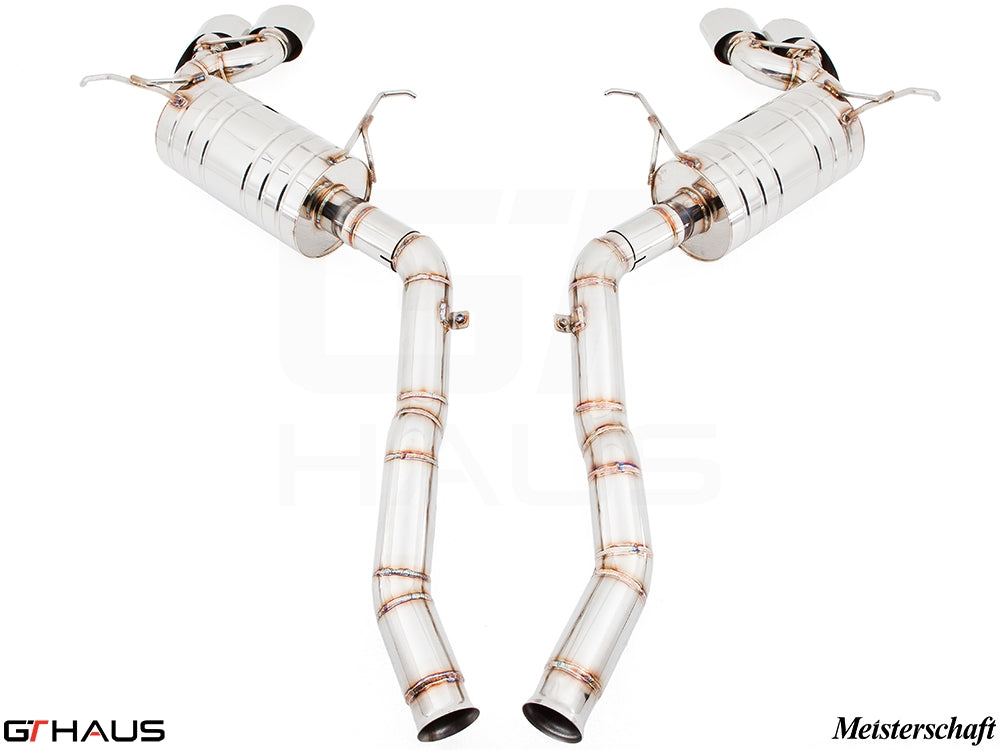 Premium exhaust system for Mercedes-Benz W164 ML63 AMG, featuring polished stainless steel construction and dual tips.