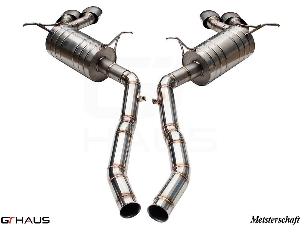 Premium Meisterschaft exhaust system for Mercedes-Benz W164 ML63 AMG, featuring stainless steel construction and dual tips.
