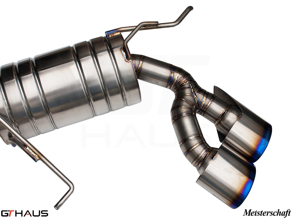 Premium Meisterschaft exhaust system for Mercedes-Benz W164 ML63 AMG, featuring polished stainless steel and dual tips.