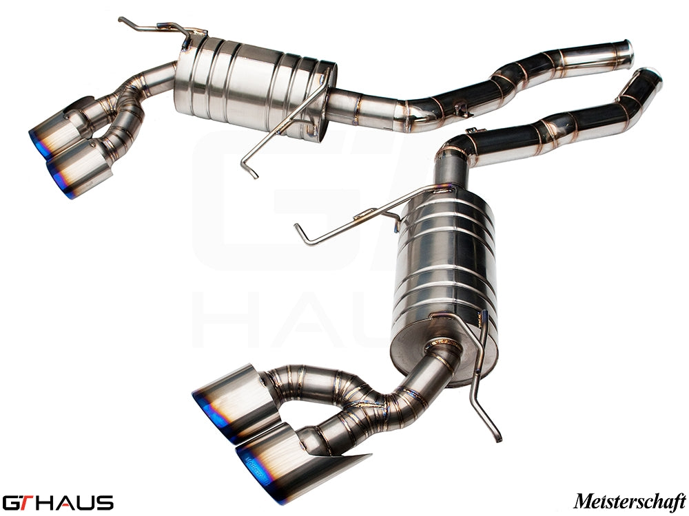 Premium Meisterschaft exhaust system for Mercedes-Benz W164 ML63 AMG, featuring stainless steel construction and dual tips.