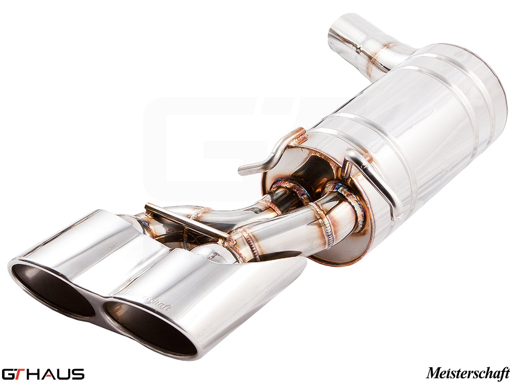 Premium Meisterschaft exhaust system for Mercedes-Benz W204 C63 AMG V8 Black Series, featuring polished dual tips.