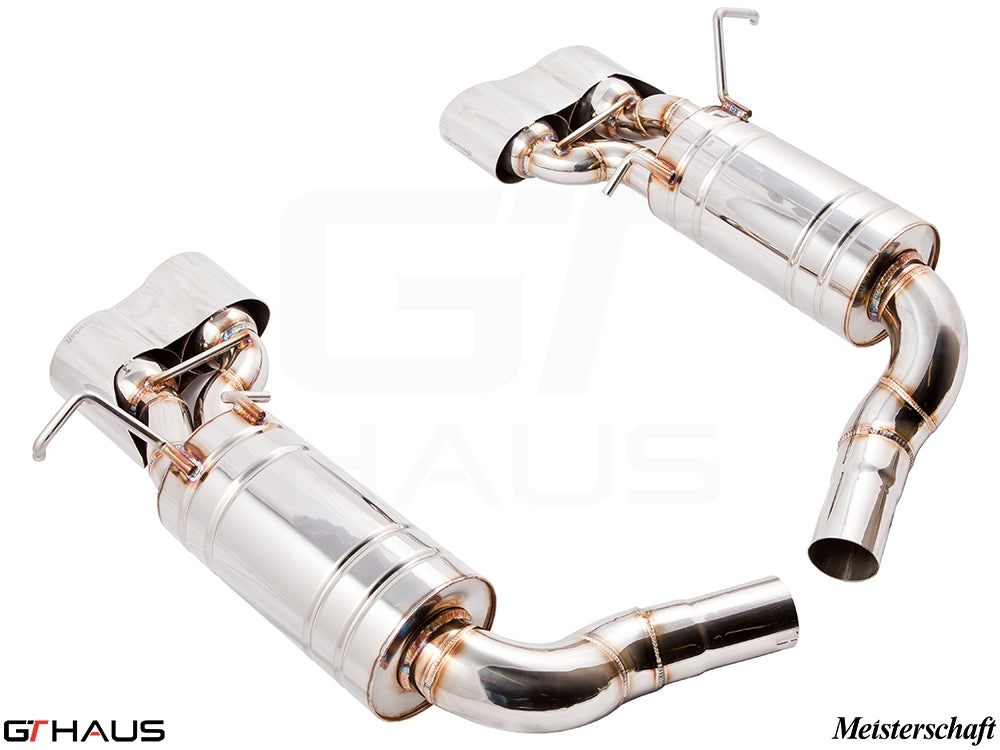 Premium exhaust system for Mercedes-Benz W204 C63 AMG V8 Black Series, featuring polished stainless steel construction.