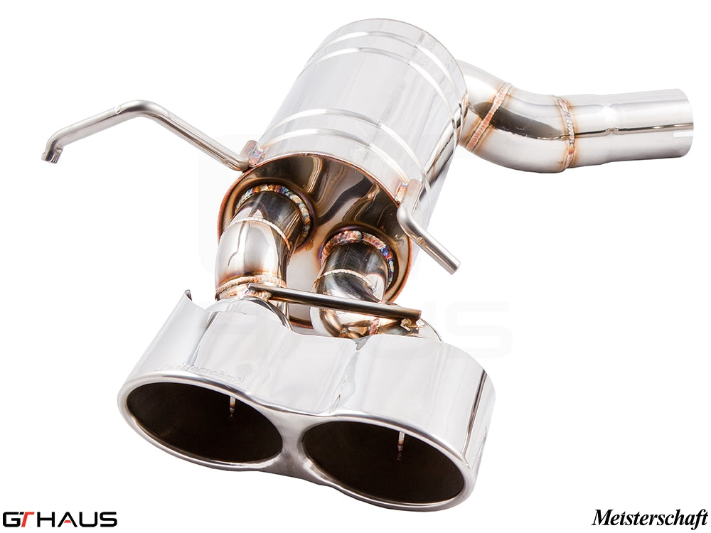 Premium exhaust system for Mercedes-Benz W204 C63 AMG V8 Black Series, featuring polished stainless steel and dual tips.