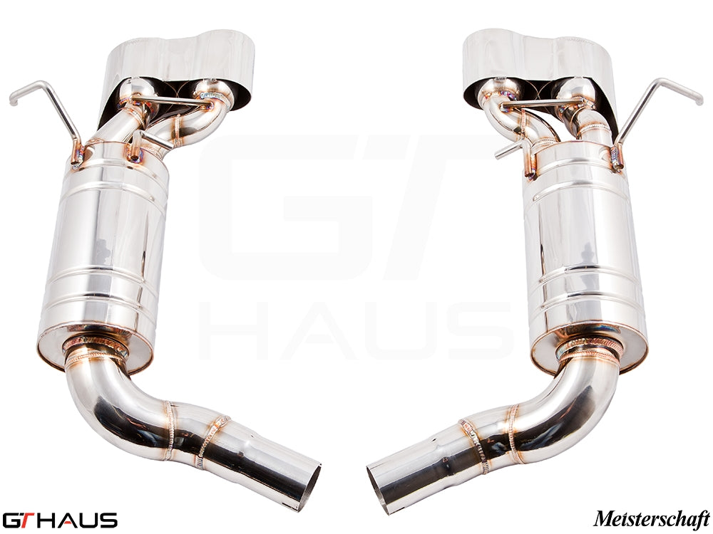 Premium exhaust system for Mercedes-Benz W204 C63 AMG V8 Black Series, featuring polished stainless steel construction.