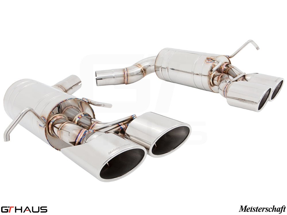 Premium exhaust system for Mercedes-Benz W204 C63 AMG V8 Coupe, featuring polished stainless steel and dual tips.