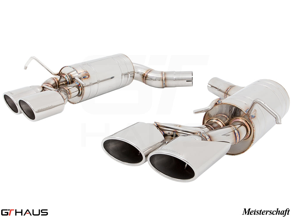 Premium exhaust system for Mercedes-Benz W204 C63 AMG V8 Coupe, featuring polished stainless steel construction and dual tips.