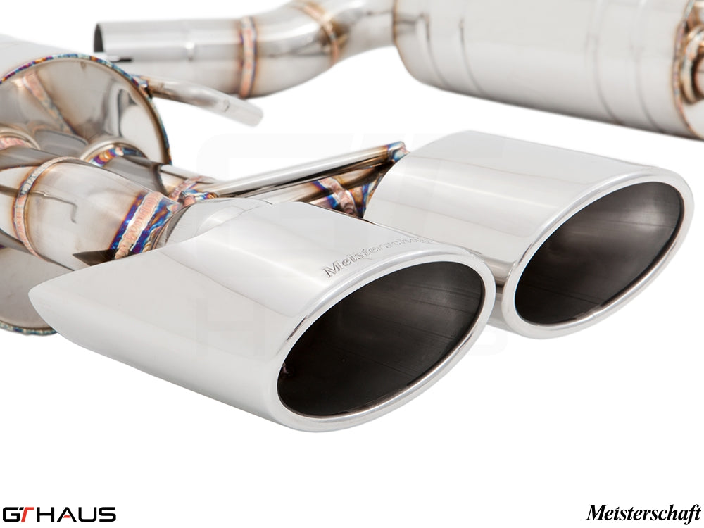 Premium Meisterschaft exhaust tips for Mercedes-Benz W204 C63 AMG V8 Coupe, showcasing polished stainless steel design.