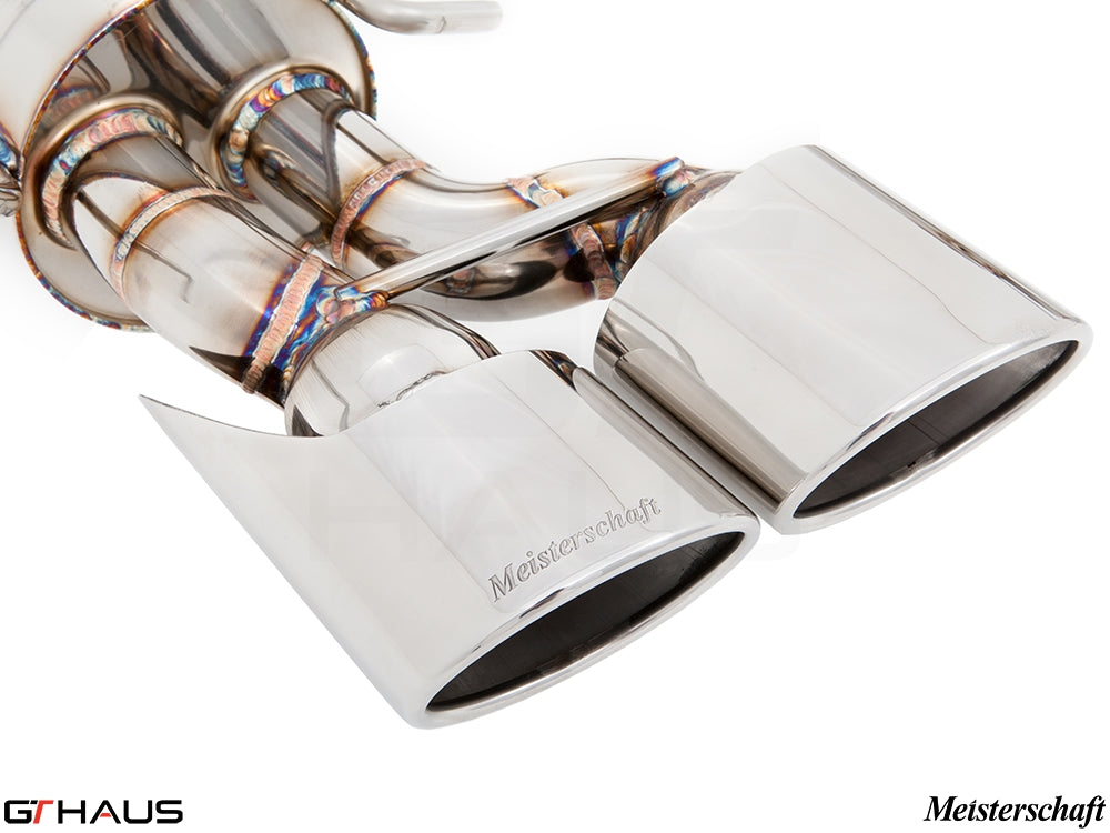 Premium Meisterschaft exhaust tips for Mercedes-Benz W204 C63 AMG V8 Coupe, showcasing polished stainless steel finish.