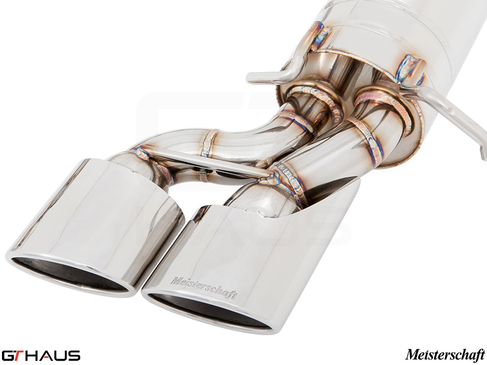 Premium Meisterschaft exhaust system for Mercedes-Benz W204 C63 AMG, featuring polished dual tips and high-quality craftsmanship.