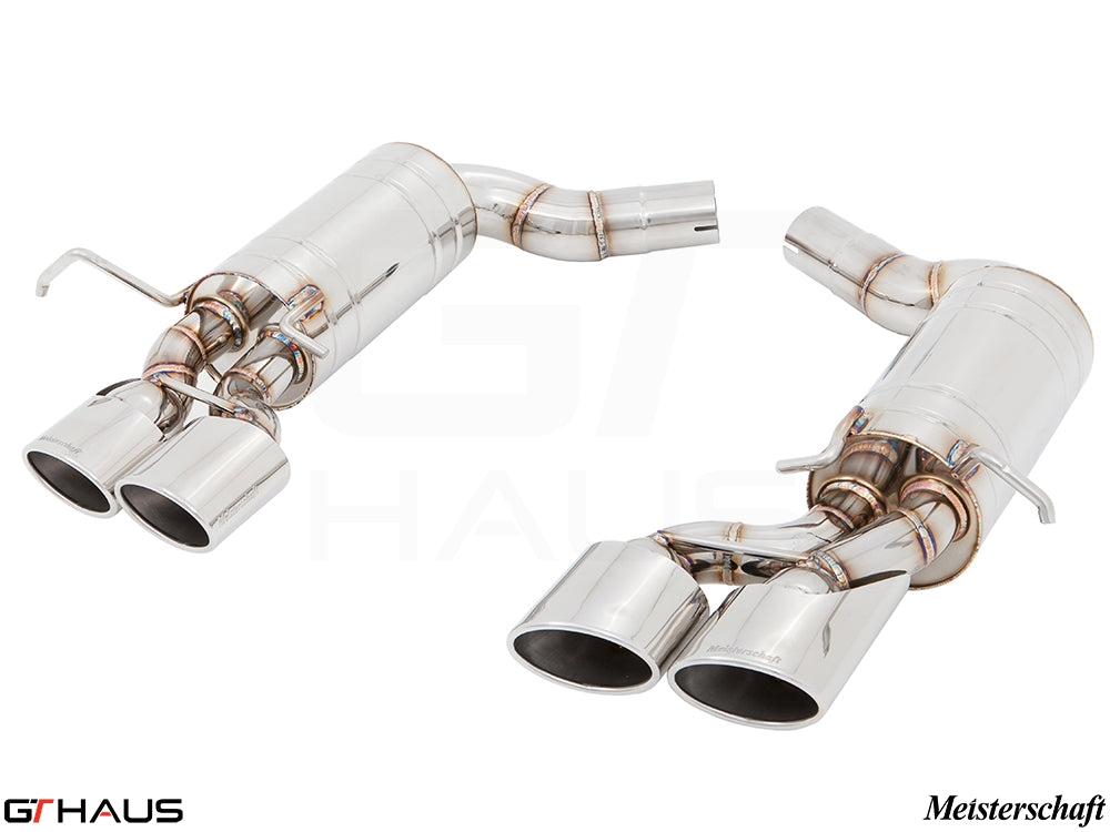 Premium Meisterschaft exhaust system for Mercedes-Benz W204 C63 AMG V8, featuring polished stainless steel and quad tips.
