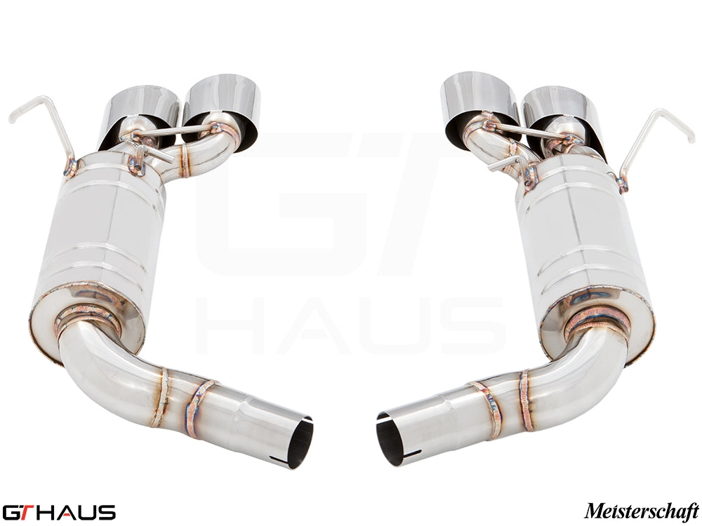 Premium exhaust system for Mercedes-Benz W204 C63 AMG, featuring polished stainless steel construction and dual tips.