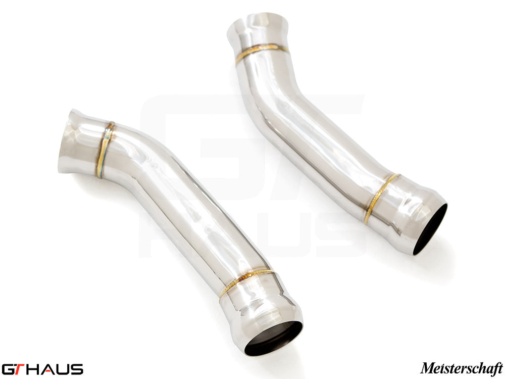 Mercedes-Benz W205 C-Sedan 2015-2021 down pipe featuring a secondary cat-delete design for enhanced performance.