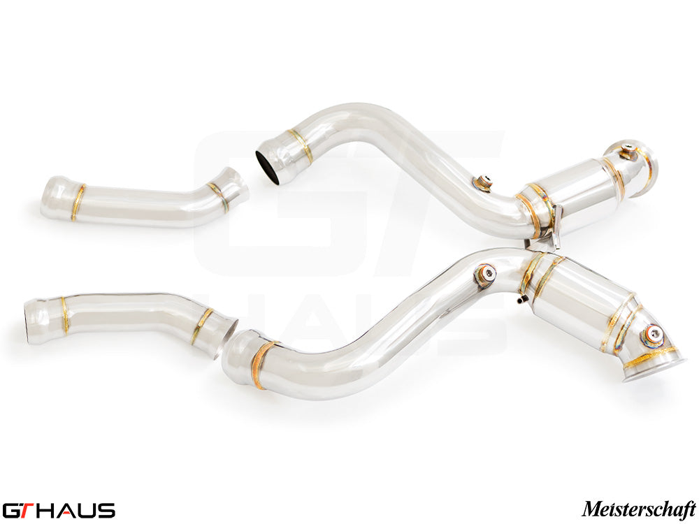 Mercedes-Benz W205 C-Sedan 2015-2021 primary and secondary combo down pipes with OBD2 and 400 CEL sport cats, showcasing a polished stainless steel design.