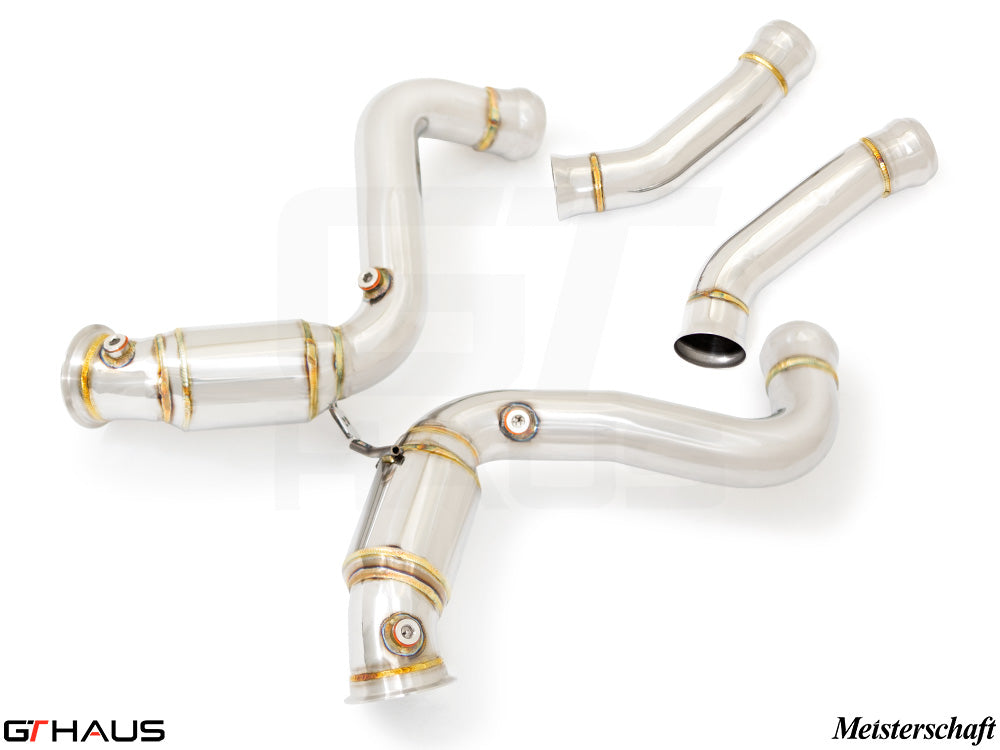 High-performance down pipes for Mercedes-Benz W205 C-Sedan 2015-2021 with OBD2 and 400 CEL sport cats.