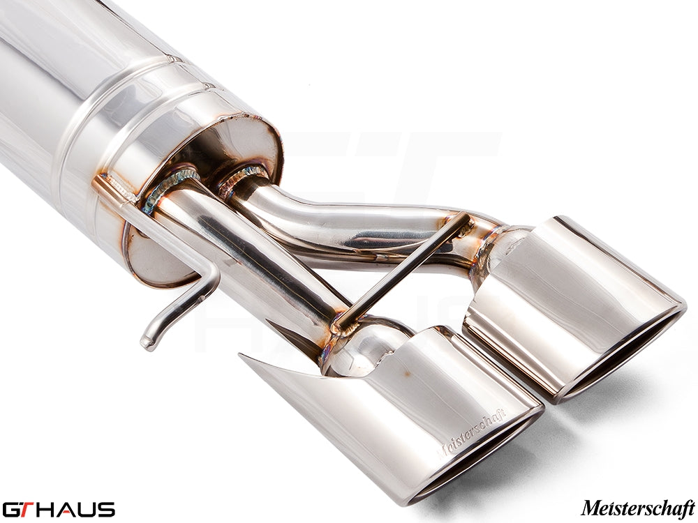 Premium exhaust system for Mercedes-Benz W211 E-Class E320/E350 V6 models, featuring polished dual tips and stainless steel construction.