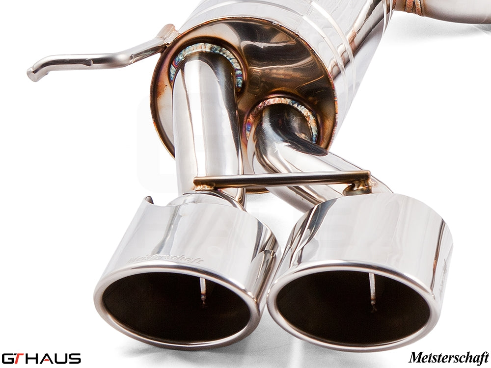 Premium exhaust system for Mercedes-Benz W211 E-Class E320/E350 V6 models, featuring dual polished tips and quality craftsmanship.