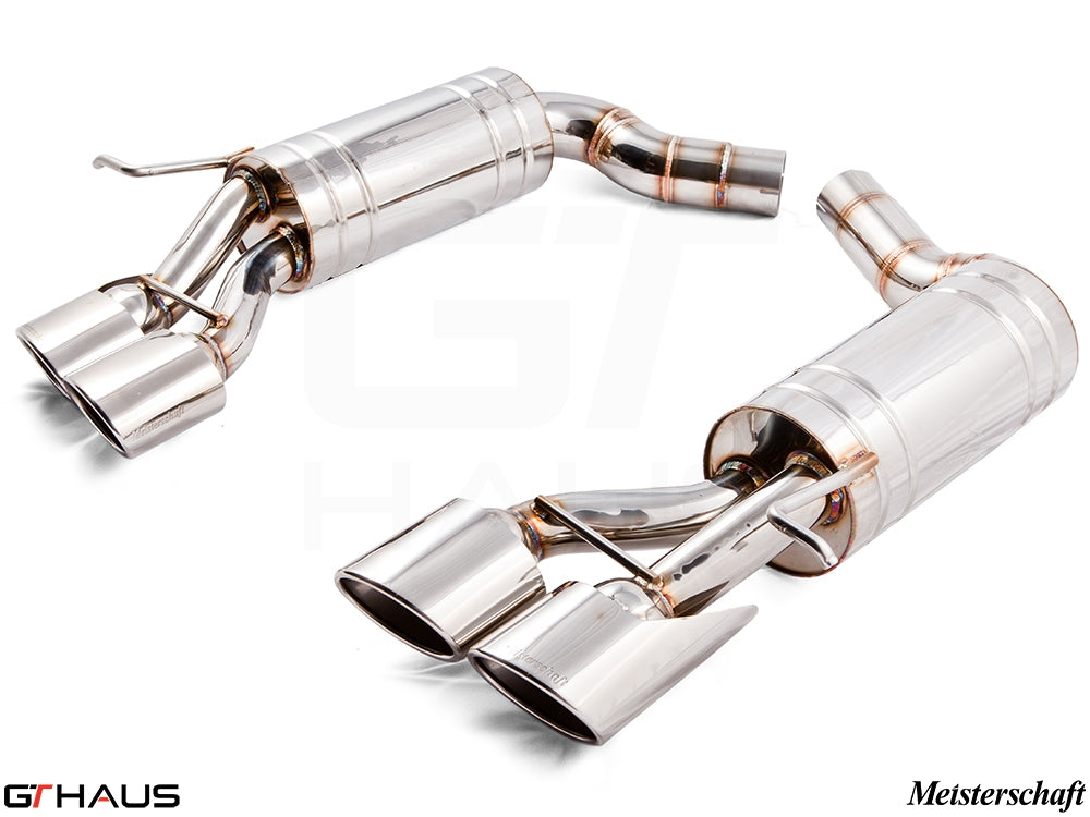 Premium performance exhaust system for Mercedes-Benz W211 E-Class E320/E350 V6 models, featuring polished stainless steel construction.