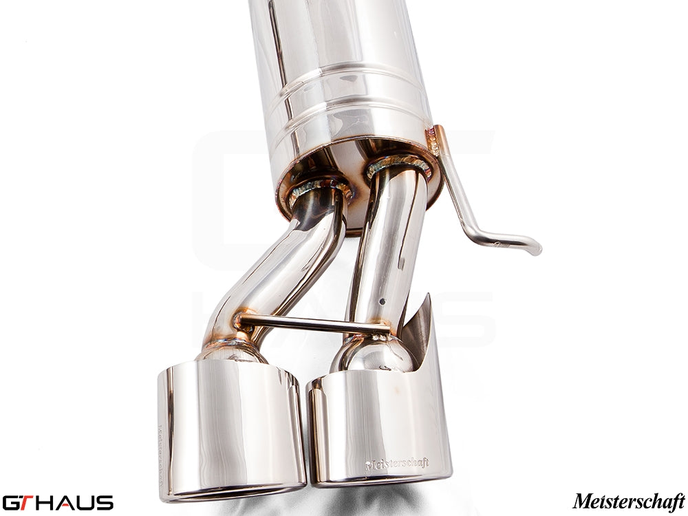 Premium exhaust system for Mercedes-Benz W211 E-Class E500/E550 V8 models, featuring polished dual tips and quality craftsmanship.