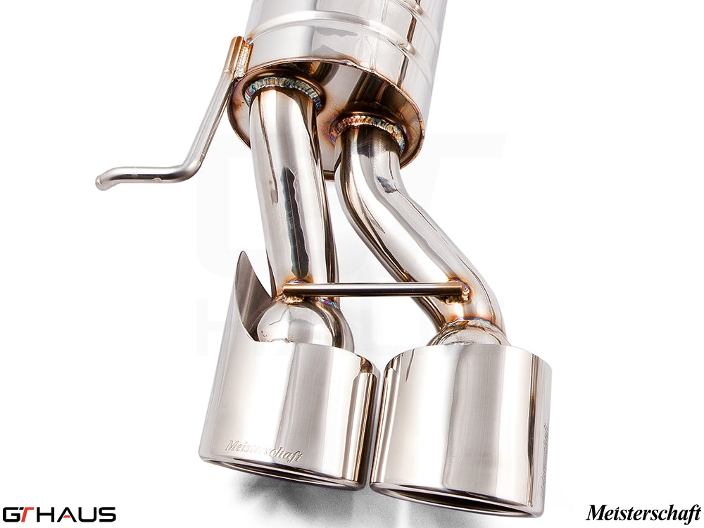 Premium exhaust system for Mercedes-Benz W211 E-Class E500/E550 V8 models, featuring polished stainless steel tips.