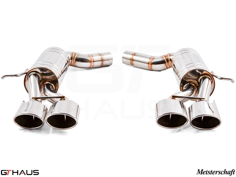 Premium exhaust system for Mercedes-Benz W211 E-Class E500/E550 V8 models, featuring polished stainless steel tips.