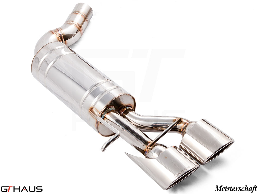 Premium stainless steel exhaust system for Mercedes-Benz W211 E-Class E55 AMG, featuring dual polished tips.