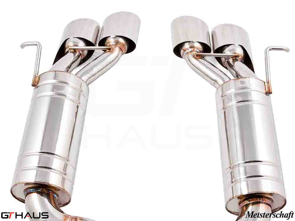 Premium exhaust system for Mercedes-Benz W211 E-Class E55 AMG featuring polished stainless steel construction and dual tips.