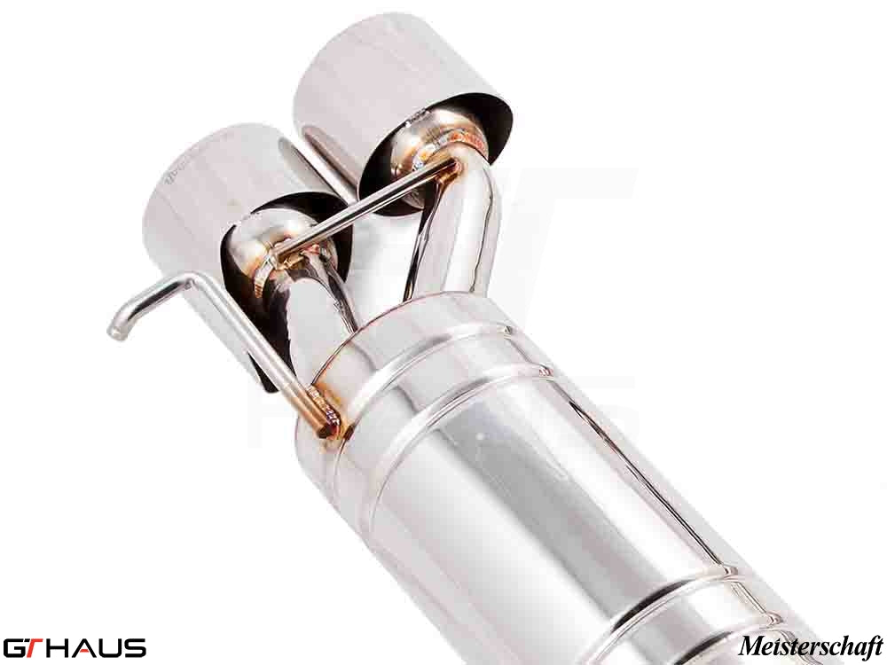 Premium exhaust system for Mercedes-Benz W211 E-Class E55 AMG, featuring polished stainless steel and dual tips.