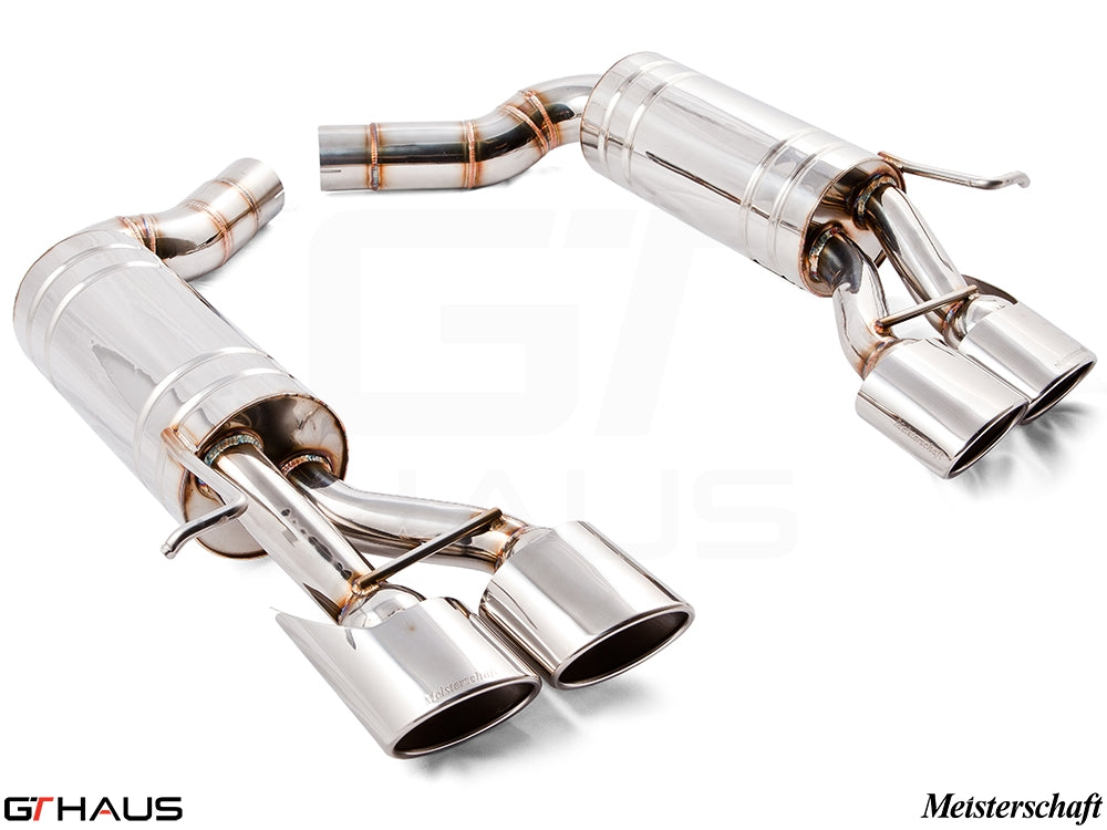 Premium exhaust system for Mercedes-Benz W211 E-Class E63 AMG V8, featuring polished stainless steel and dual tips.