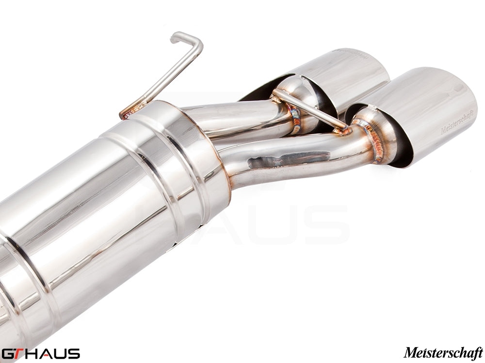 Premium stainless steel exhaust system for Mercedes-Benz W211 E-Class E63 AMG V8, featuring dual polished tips.