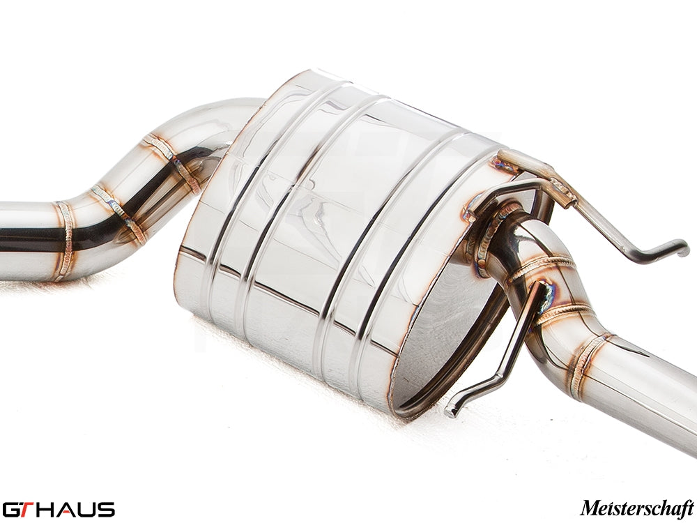 Premium stainless steel exhaust system for Mercedes-Benz W212 E-Class E350/E400 models, showcasing Meisterschaft craftsmanship.