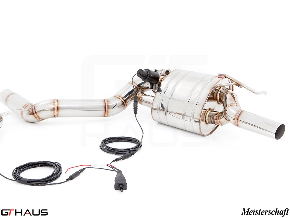 Premium exhaust system for Mercedes-Benz W212 E-Class E550 V8 models, featuring stainless steel construction and electronic valve control.