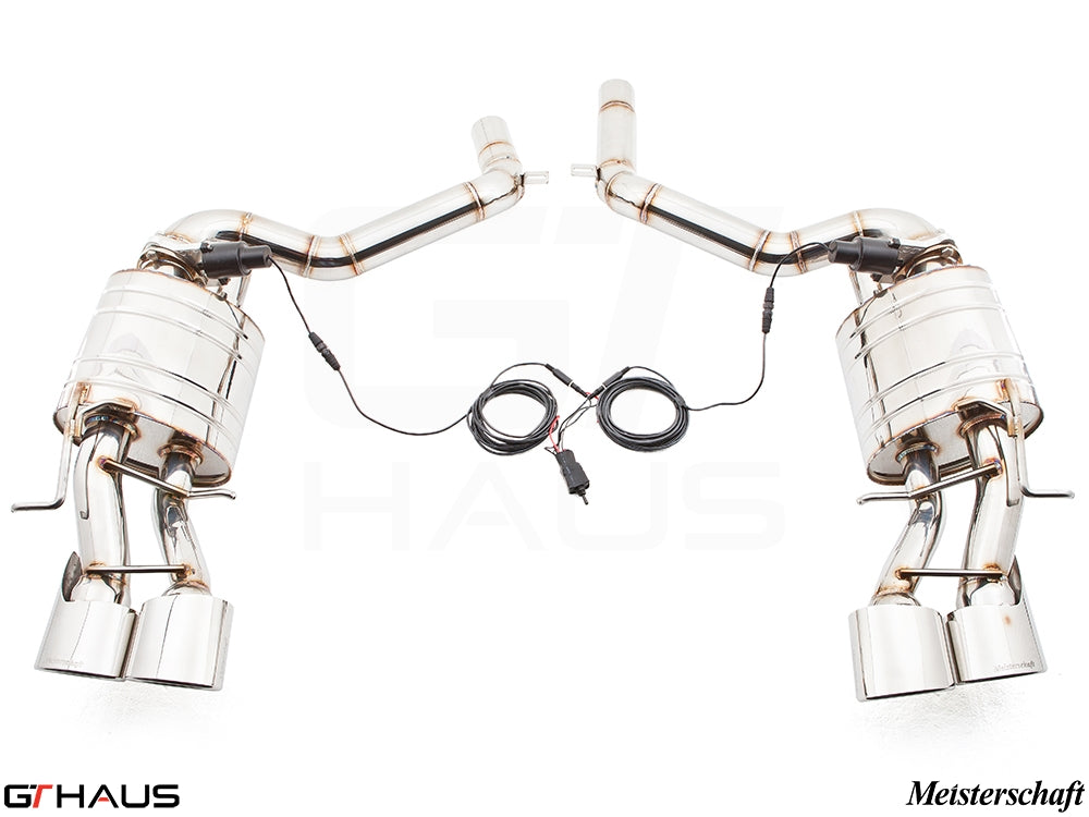 Premium exhaust system for Mercedes-Benz W212 E-Class E63 AMG V8, featuring polished stainless steel construction and electronic valve control.