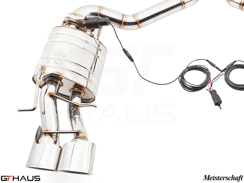 Premium exhaust system for Mercedes-Benz W212 E-Class E63 AMG V8, featuring polished stainless steel and electronic valve control.