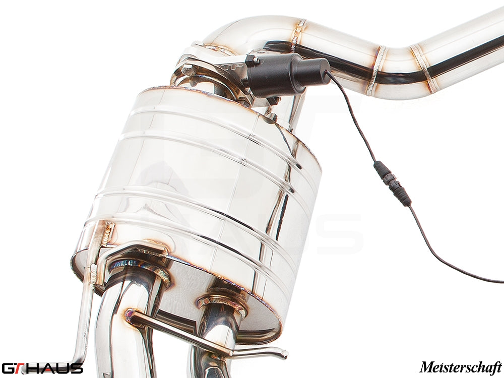 Premium exhaust system for Mercedes-Benz W212 E-Class E63 AMG V8, showcasing polished stainless steel construction and valve control.