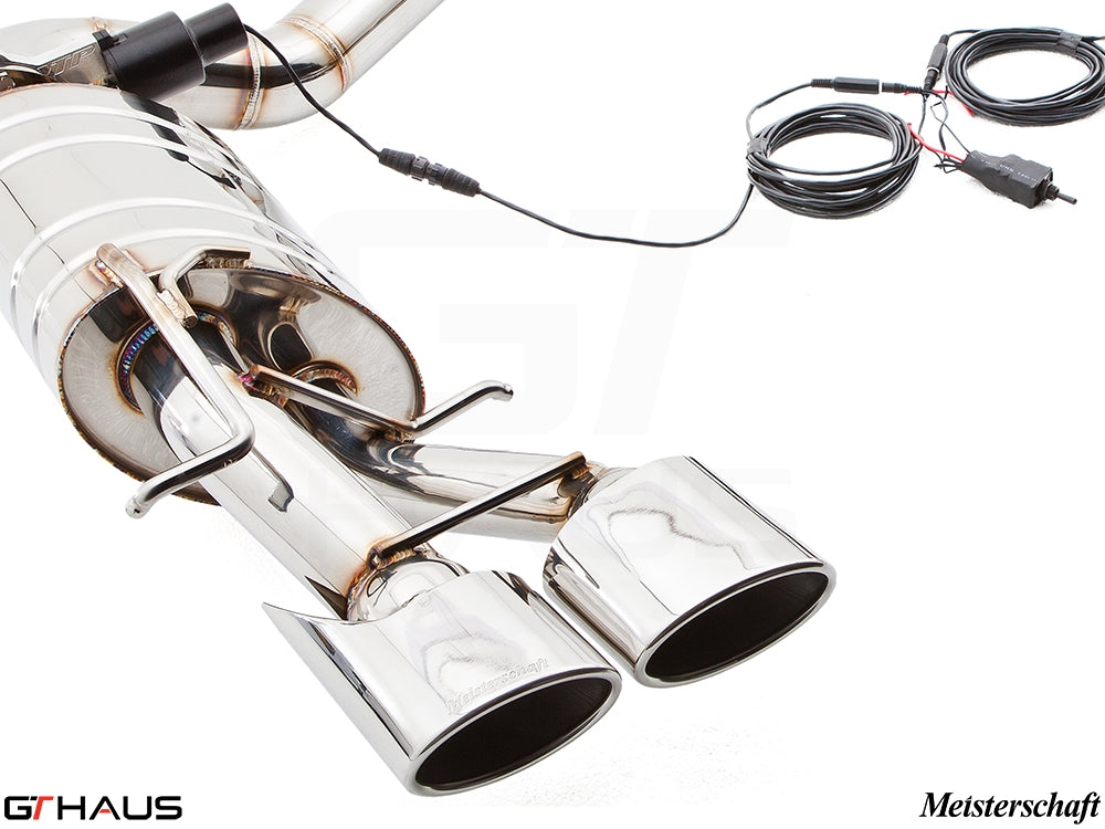 Premium performance exhaust system for Mercedes-Benz W212 E-Class E63 AMG V8, featuring dual polished tips and electronic valve control.