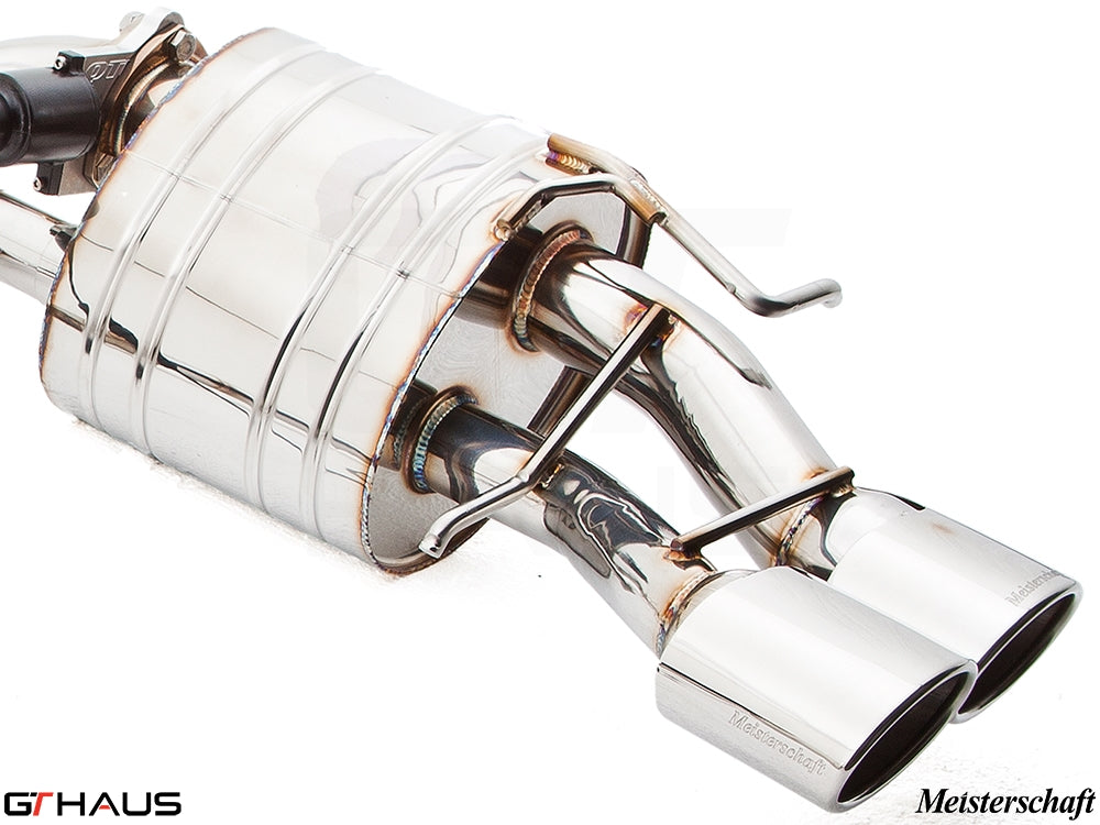 Premium exhaust system for Mercedes-Benz W212 E-Class E63 AMG V8, featuring polished dual tips and high-quality craftsmanship.