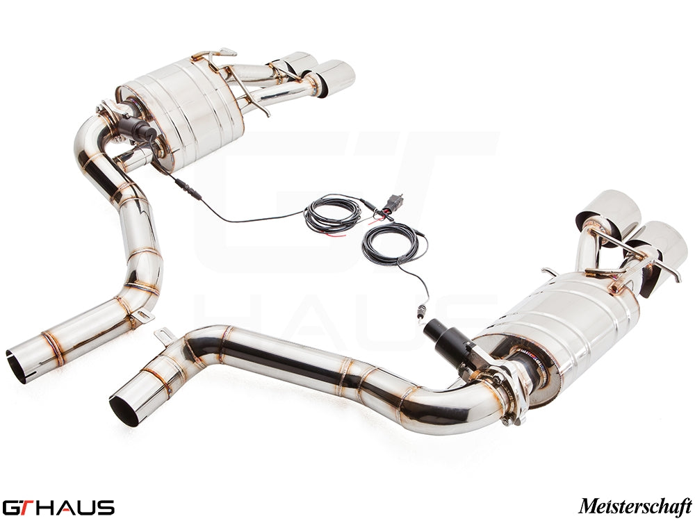 Premium performance exhaust system for Mercedes-Benz W212 E-Class E63 AMG V8, featuring stainless steel construction and electronic valve control.
