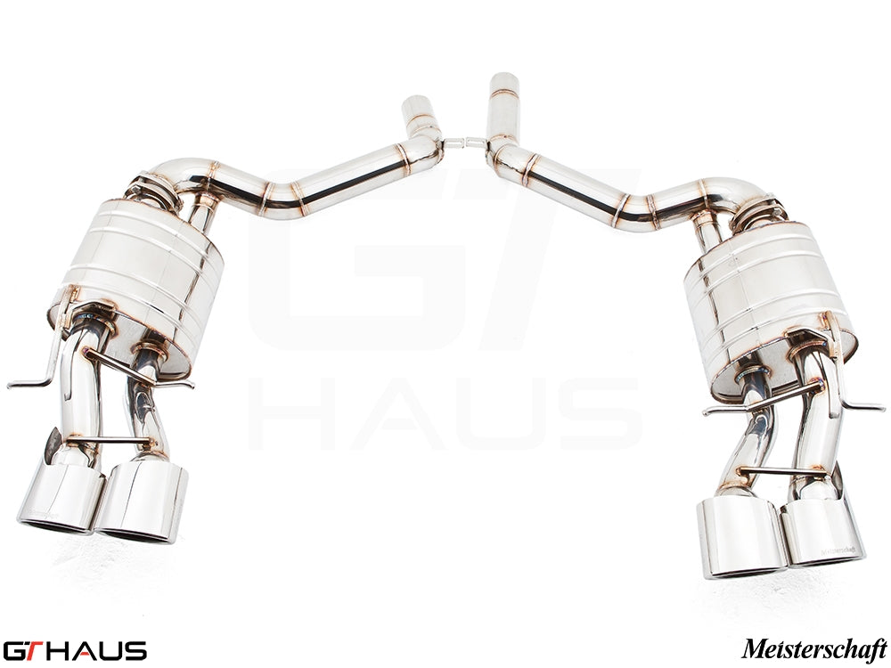Premium exhaust system for Mercedes-Benz W212 E-Class E63 AMG V8, featuring polished stainless steel and dual tips.