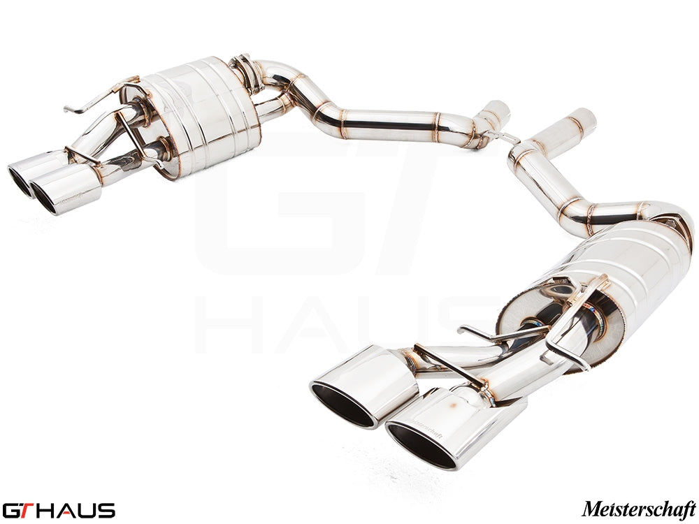 Premium exhaust system for Mercedes-Benz W212 E-Class E63 AMG V8, featuring polished stainless steel and dual tips.