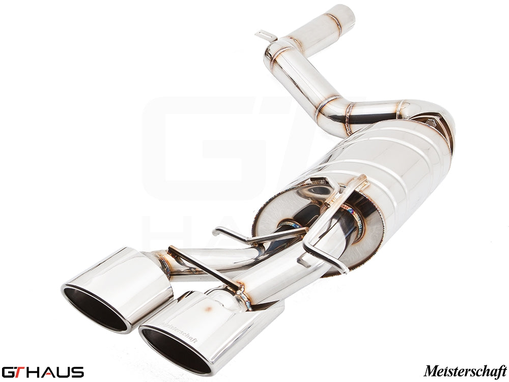 Premium performance exhaust system for Mercedes-Benz W212 E-Class E63 AMG V8, featuring polished stainless steel and dual tips.