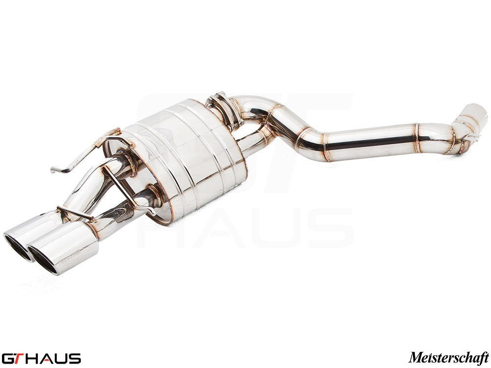 Premium performance exhaust system for Mercedes-Benz W212 E-Class E63 AMG V8, featuring polished stainless steel and dual tips.