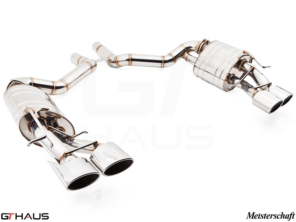 Premium exhaust system for Mercedes-Benz W212 E-Class E63 AMG V8, featuring polished stainless steel and dual tips.