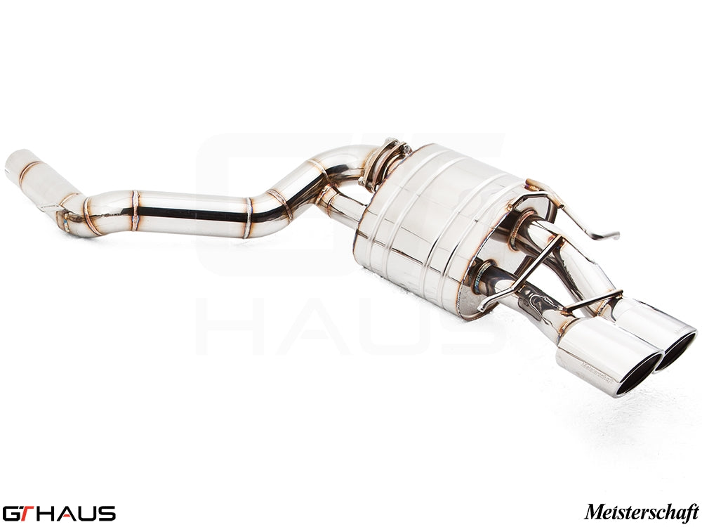 Premium exhaust system for Mercedes-Benz W212 E-Class E63 AMG V8, featuring polished stainless steel and dual tips.