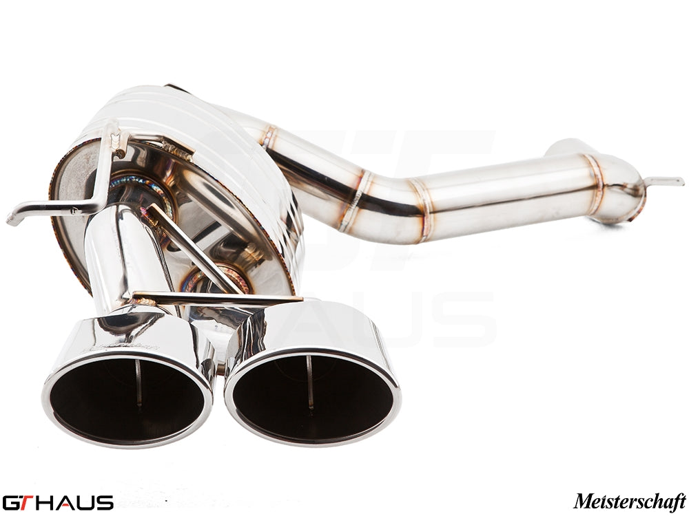 Premium exhaust system for Mercedes-Benz W212 E-Class E63 AMG V8, featuring polished dual tips and stainless steel construction.