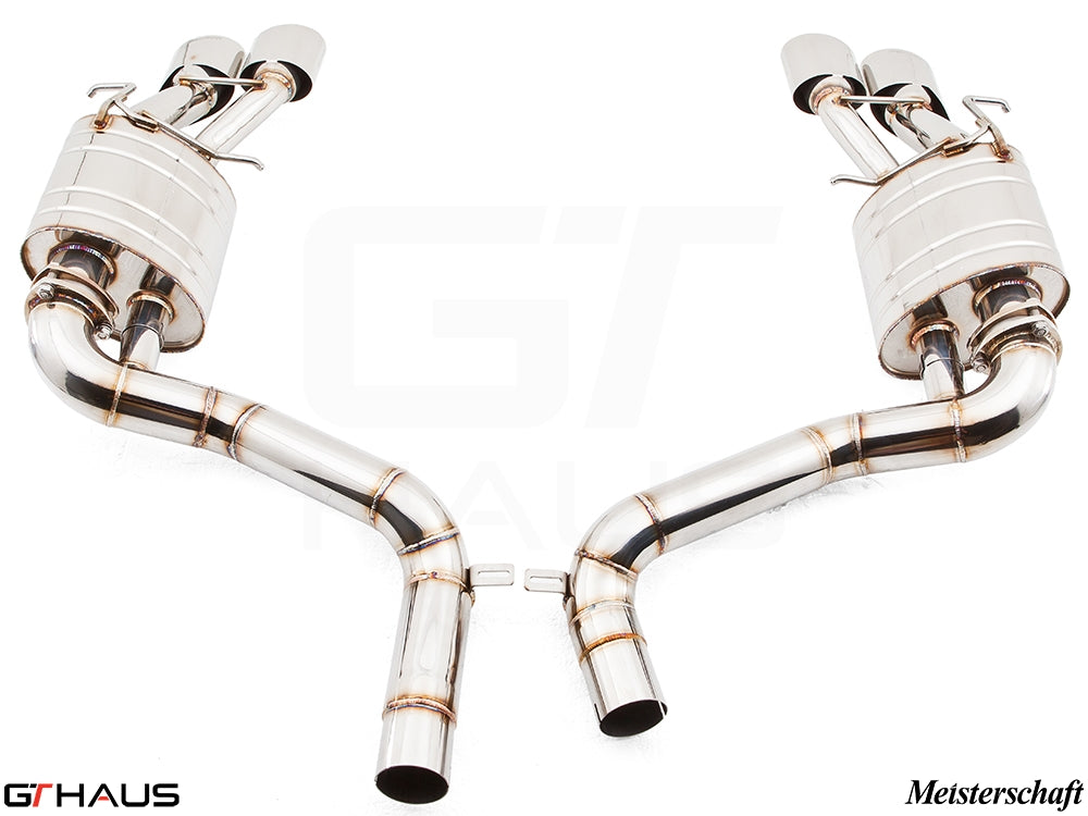 Premium exhaust system for Mercedes-Benz W212 E-Class E63 AMG V8, featuring polished stainless steel construction and dual tips.